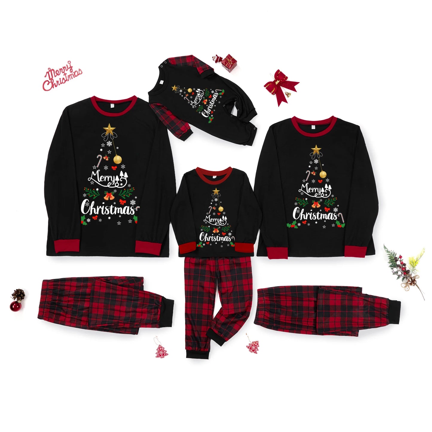 Family Matching Christmas Pajamas Set Letter &Snowflake Print Shirt Top with Plaid Pants Holiday Pjs Sleep Loungewear