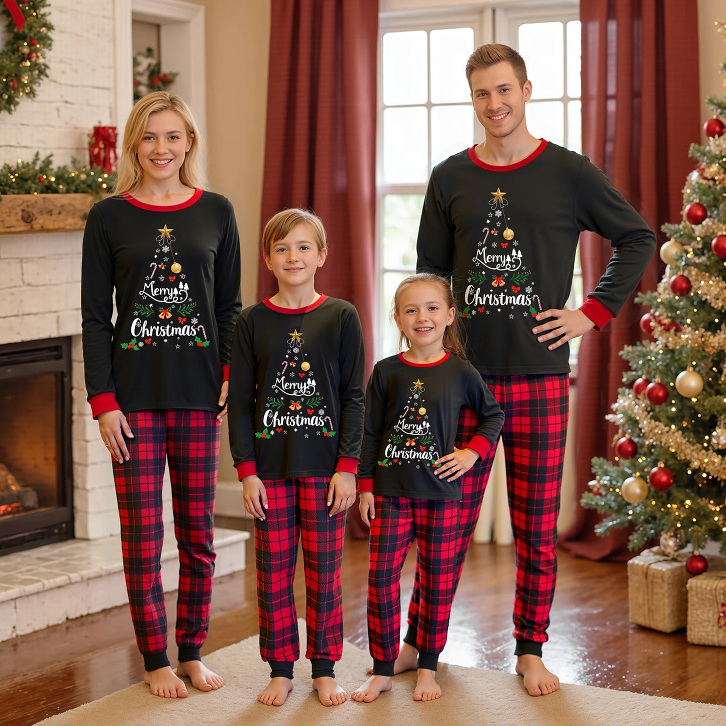 Family Matching Christmas Pajamas Set Letter &Snowflake Print Shirt Top with Plaid Pants Holiday Pjs Sleep Loungewear