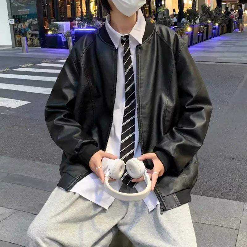 American Sle Loose Fit Men's PU Leather Jaet Vintage Flight Jaet Trendy Brand Hip Haome Fall Winter Coat