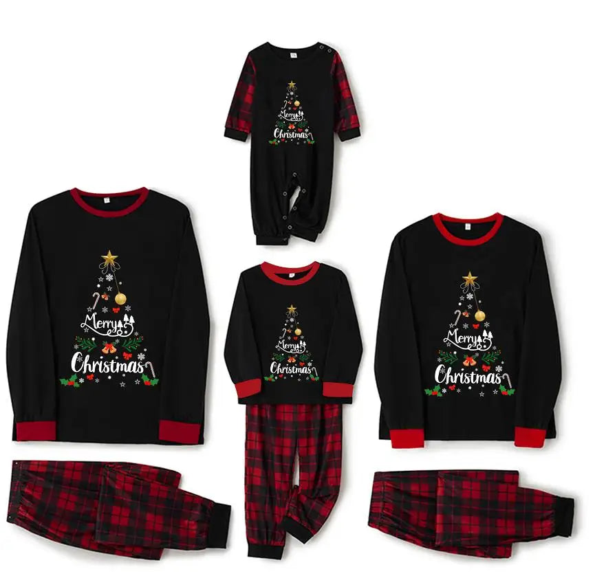 Family Matching Christmas Pajamas Set Letter &Snowflake Print Shirt Top with Plaid Pants Holiday Pjs Sleep Loungewear
